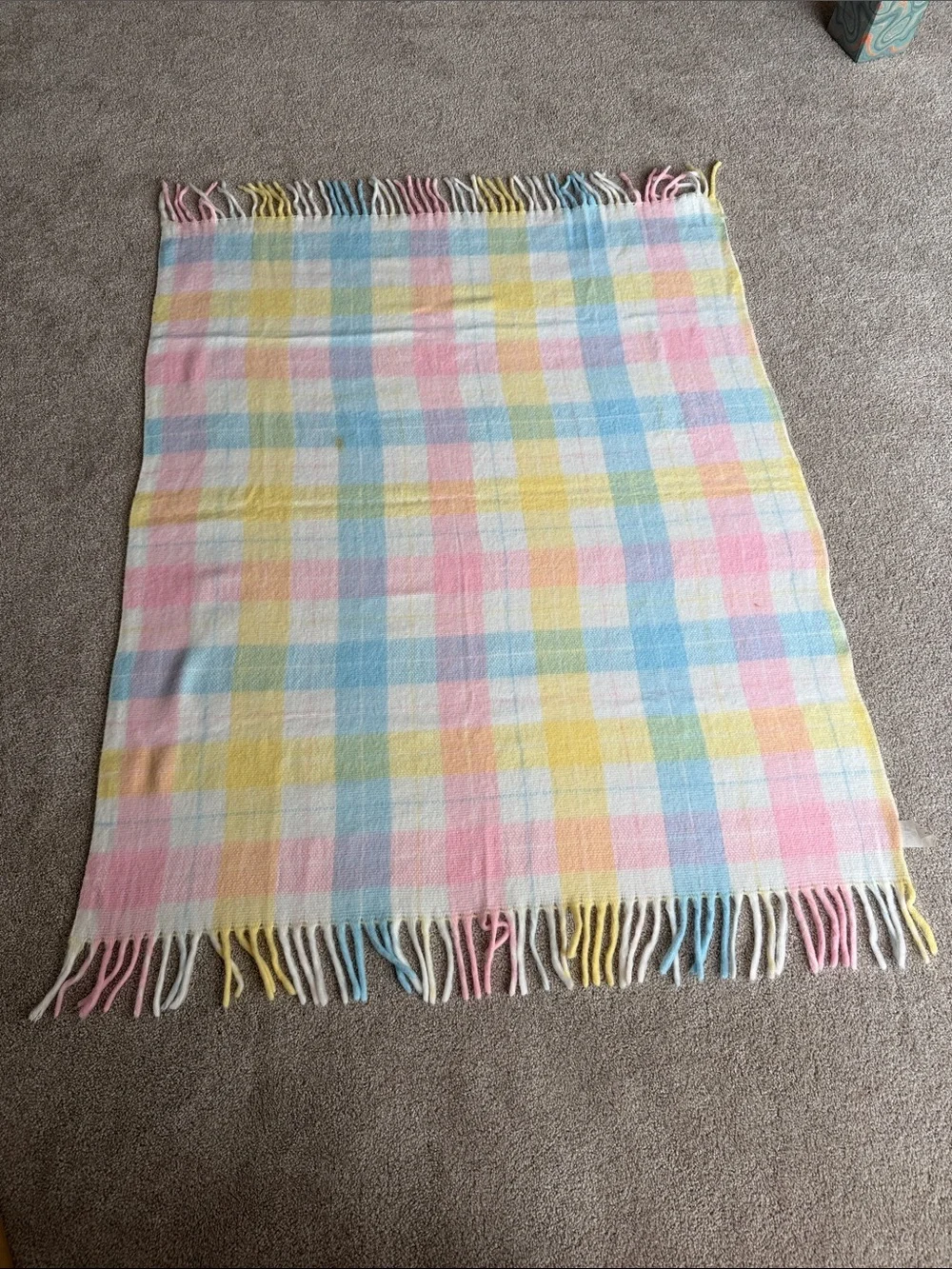 Vintage Tennessee Woolen Mills Blanket WPL 6280 Pastel Plaid Acrylic Fringe
